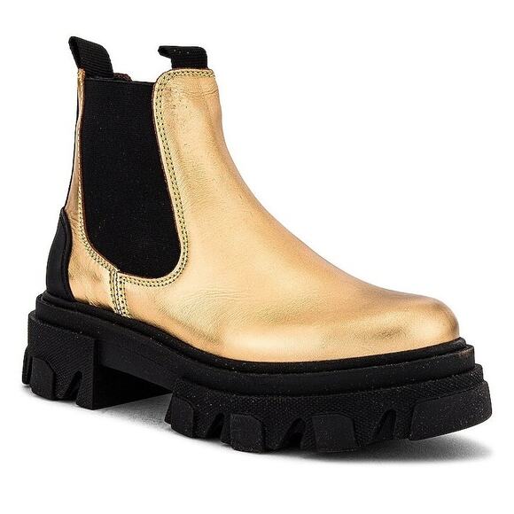 Ganni Low Chelsea Boots Metallic Leather Chunky Lug Sole Cyberpunk Gold Sz 10 - Picture 1 of 10
